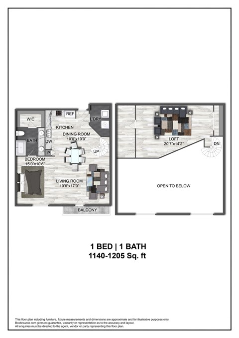 A floor plan for a 1 bedroom 1 bathroom apartment.
